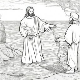 Detailed colouring book page depicting Jesus standing next to a fisherman, who is busily casting his net into the sea.