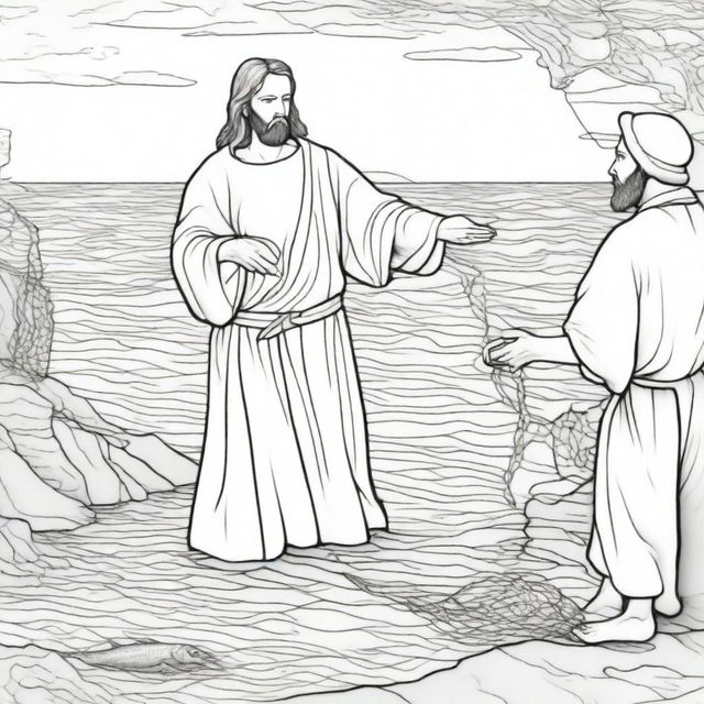 Detailed colouring book page depicting Jesus standing next to a fisherman, who is busily casting his net into the sea.