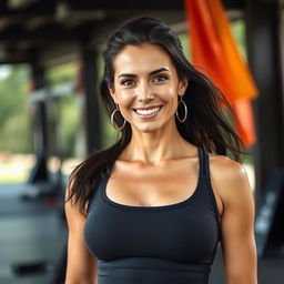 A 35-year-old woman of European descent with dark hair, dressed in sporty athletic wear