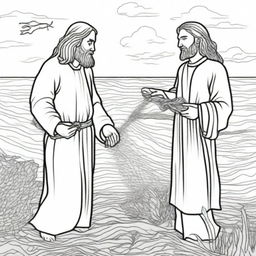 Detailed colouring book page depicting Jesus standing next to a fisherman, who is busily casting his net into the sea.