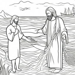 Detailed colouring book page depicting Jesus standing next to a fisherman, who is busily casting his net into the sea.