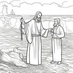 Detailed colouring book page depicting Jesus standing next to a fisherman, who is busily casting his net into the sea.