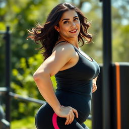 A 35-year-old European woman with dark hair, athletic appearance wearing sports attire, confidently showcasing her curvy figure