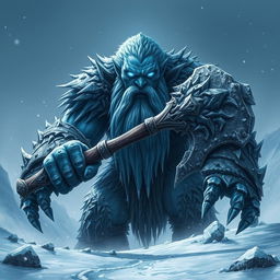 A menacing frost giant towering over the landscape, gripping a massive, intricately designed axe with both hands