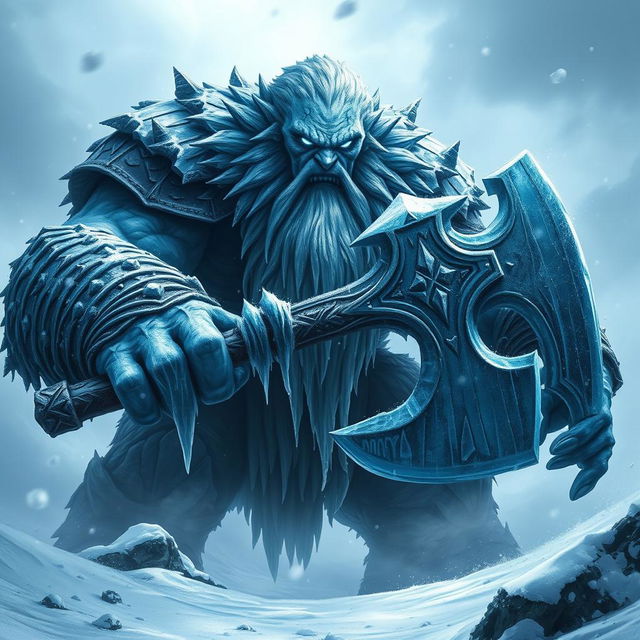 A menacing frost giant towering over the landscape, gripping a massive, intricately designed axe with both hands