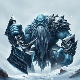 A menacing frost giant towering over the landscape, gripping a massive, intricately designed axe with both hands