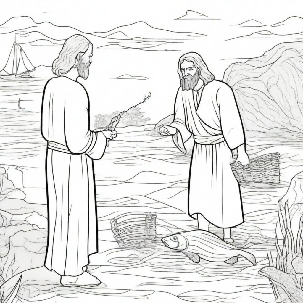 A colouring book page representing an engaging scene where Jesus stands beside a busy fisherman casting his net into the water