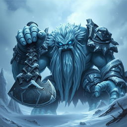 A menacing frost giant towering over the landscape, gripping a massive, intricately designed axe with both hands