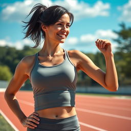 A 35-year-old European woman with dark hair, dressed in sporty attire
