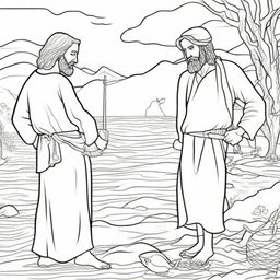 A colouring book page representing an engaging scene where Jesus stands beside a busy fisherman casting his net into the water