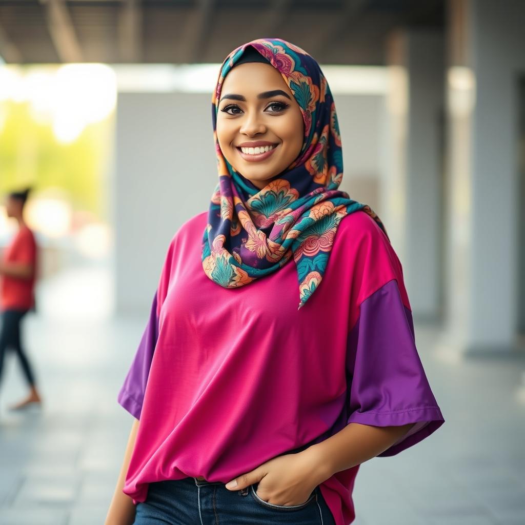 A confident and stylish woman wearing a colorful, oversized T-shirt that loosely drapes over her figure, accentuating her curves