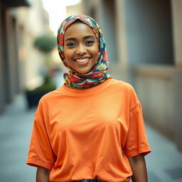A confident and stylish woman wearing a colorful, oversized T-shirt that loosely drapes over her figure, accentuating her curves