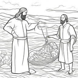 A colouring book page representing an engaging scene where Jesus stands beside a busy fisherman casting his net into the water