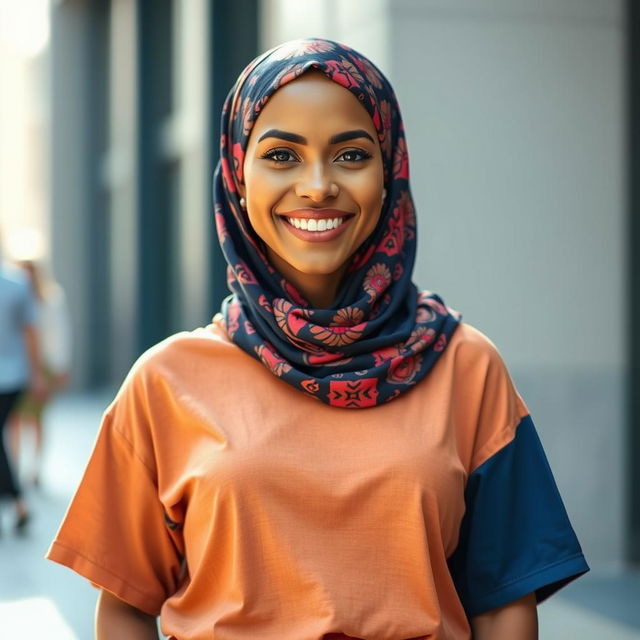 A confident and stylish woman wearing a colorful, oversized T-shirt that loosely drapes over her figure, accentuating her curves