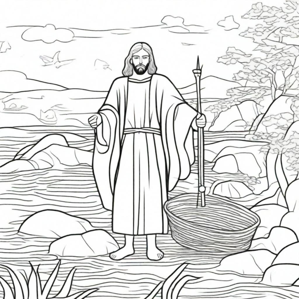 A colouring book page representing an engaging scene where Jesus stands beside a busy fisherman casting his net into the water