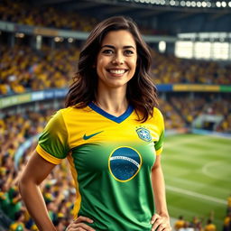 A 35-year-old European woman with dark hair, wearing the Brazilian national team jersey