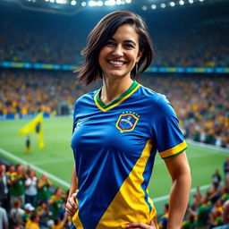 A 35-year-old European woman with dark hair, wearing the Brazilian national team jersey