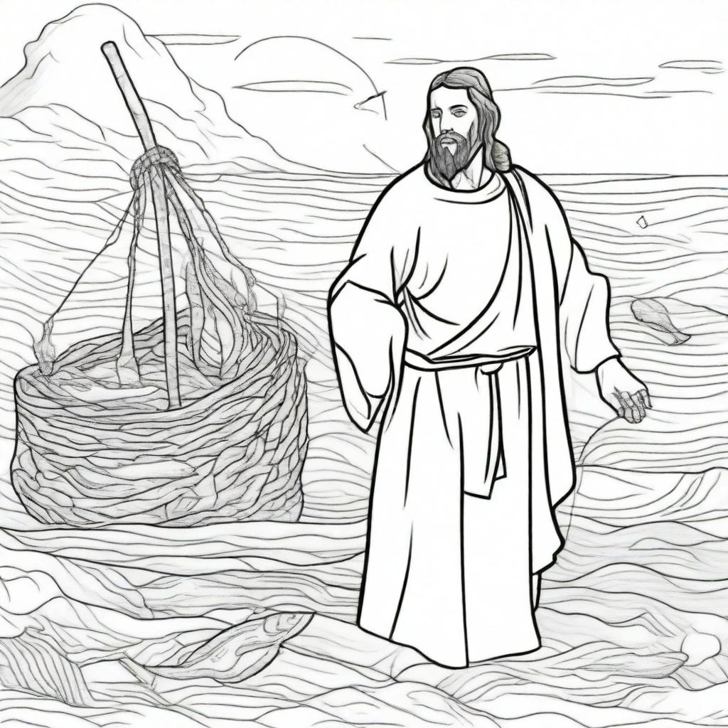 A colouring book page depicting Jesus standing beside a fisherman, looking at a fishing net overflowing with fish.