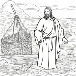 A colouring book page depicting Jesus standing beside a fisherman, looking at a fishing net overflowing with fish.