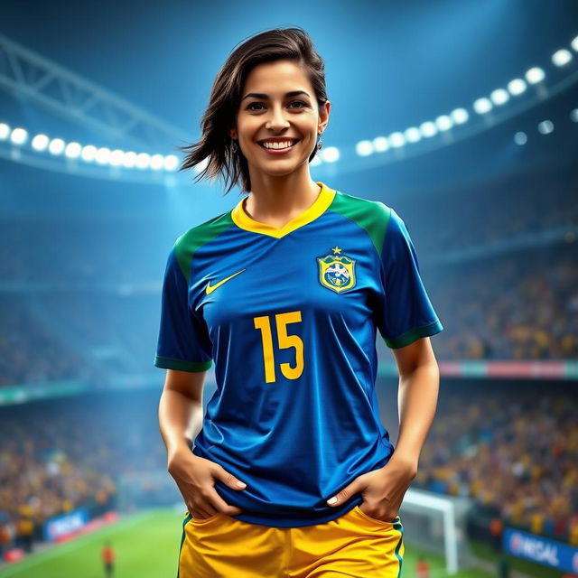 A 35-year-old European woman with dark hair, wearing the Brazilian national team jersey