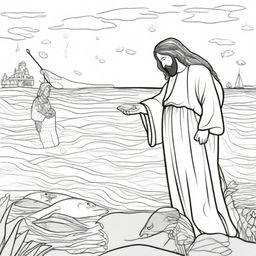 A colouring book page depicting Jesus standing beside a fisherman, looking at a fishing net overflowing with fish.