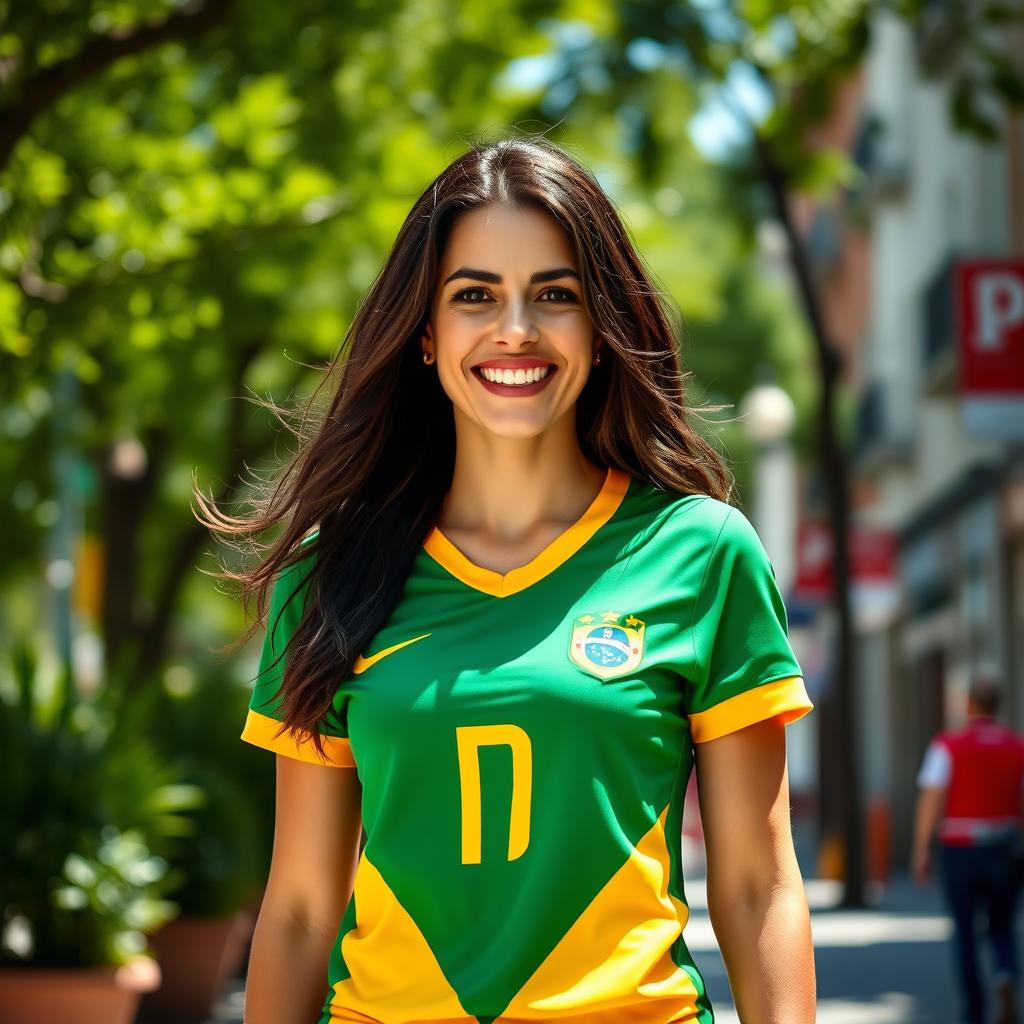 A 35-year-old European woman with dark hair, dressed in the Brazilian national team uniform, standing outdoors