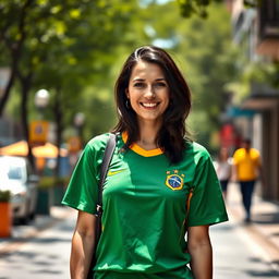 A 35-year-old European woman with dark hair, dressed in the Brazilian national team uniform, standing outdoors