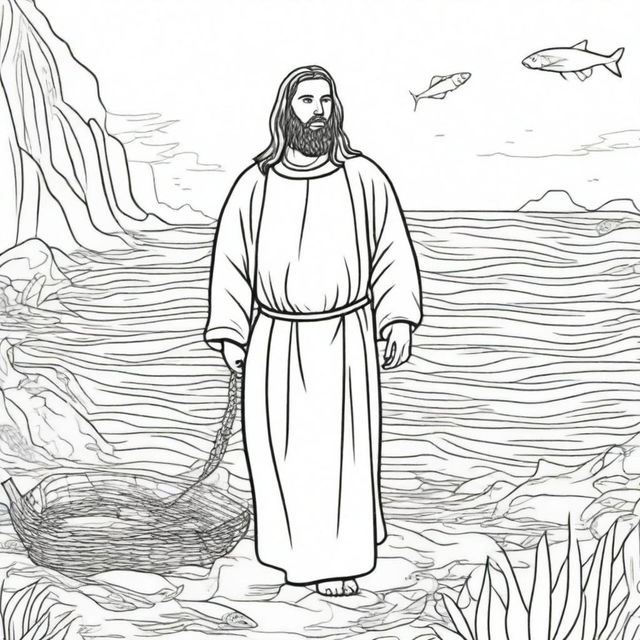 A colouring book page depicting Jesus standing beside a fisherman, looking at a fishing net overflowing with fish.