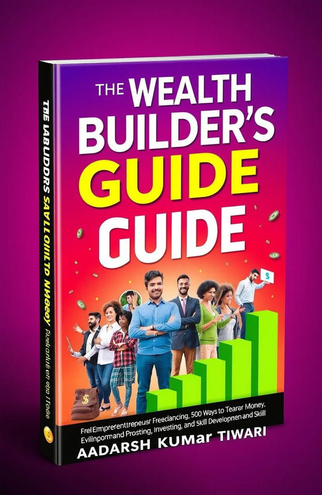 A visually striking book cover for "The Wealth Builder's Guide: 500 Ways to Earn Money" by Aadarsh Kumar Tiwari