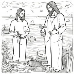 A colouring book page depicting Jesus standing beside a fisherman, looking at a fishing net overflowing with fish.