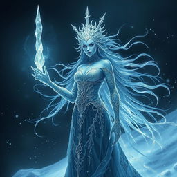 A sinister maiden goddess made of ice, elegantly towering with an ethereal beauty, her icy features sharp and enchanting
