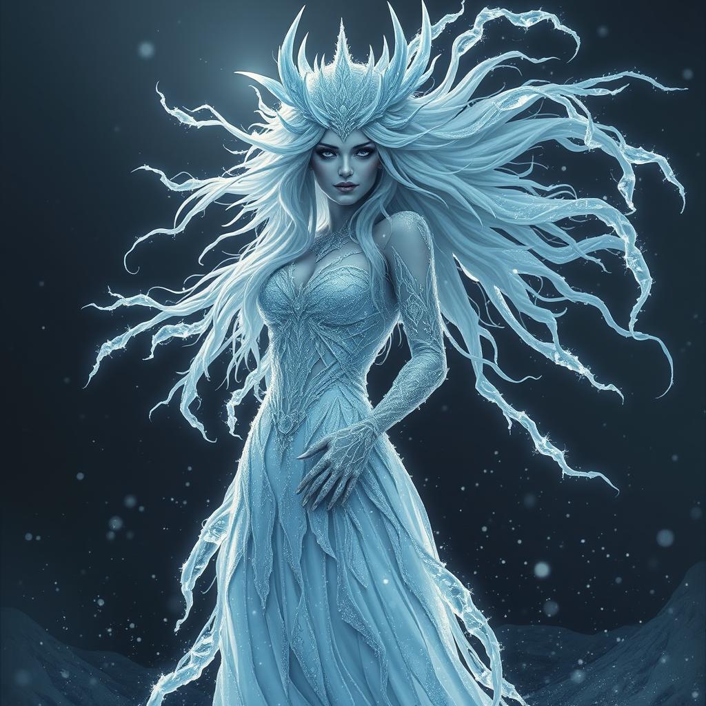 A sinister maiden goddess made of ice, elegantly towering with an ethereal beauty, her icy features sharp and enchanting