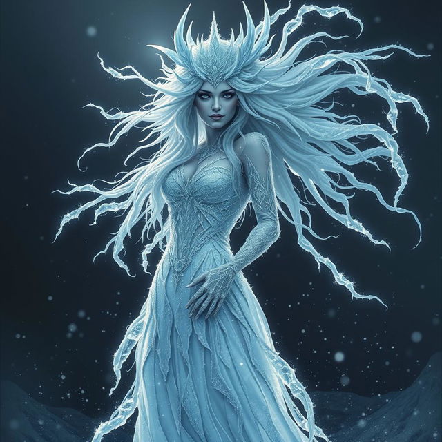 A sinister maiden goddess made of ice, elegantly towering with an ethereal beauty, her icy features sharp and enchanting