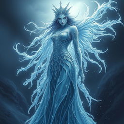 A sinister maiden goddess made of ice, elegantly towering with an ethereal beauty, her icy features sharp and enchanting