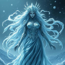 A sinister maiden goddess made of ice, elegantly towering with an ethereal beauty, her icy features sharp and enchanting