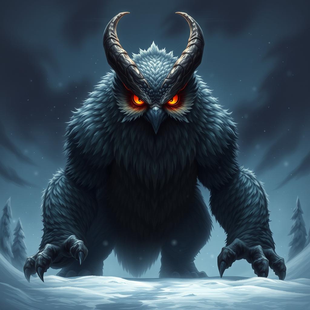 A menacing giant monster with an owl-like face, fierce glowing eyes, and large, twisted horns protruding from its head