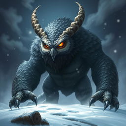 A menacing giant monster with an owl-like face, fierce glowing eyes, and large, twisted horns protruding from its head