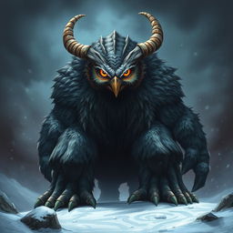 A menacing giant monster with an owl-like face, fierce glowing eyes, and large, twisted horns protruding from its head