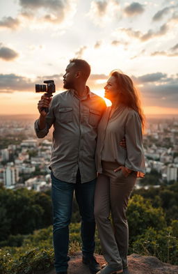 A middle-aged black man holding a video camera, standing next to his estranged middle-aged black wife on the crest of a hill