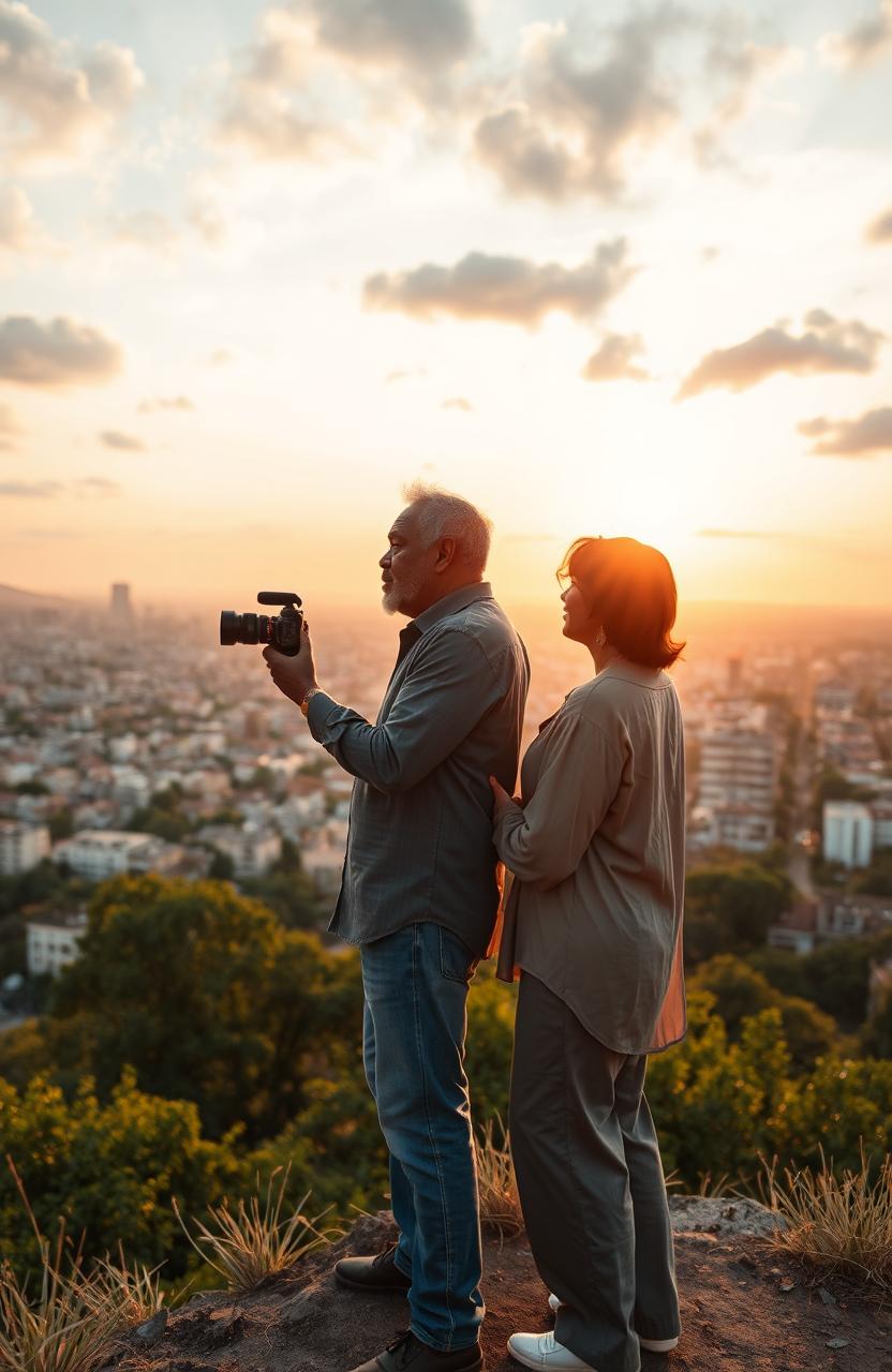 A middle-aged black man holding a video camera, standing next to his estranged middle-aged black wife on the crest of a hill
