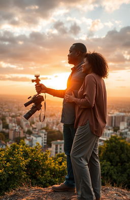 A middle-aged black man holding a video camera, standing next to his estranged middle-aged black wife on the crest of a hill
