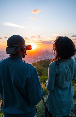A black middle-aged man holding a video camera mounted on a tripod, capturing scenes from the crest of a green hill