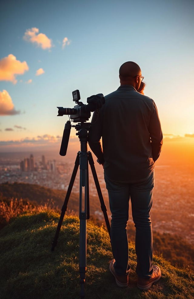 A black middle-aged man holding a video camera mounted on a tripod, capturing scenes from the crest of a green hill