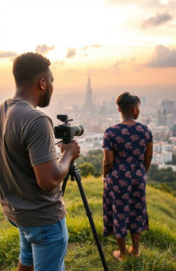 A black middle-aged man holding a video camera mounted on a tripod, capturing scenes from the crest of a green hill