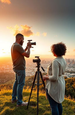 A black middle-aged man holding a video camera mounted on a tripod, capturing scenes from the crest of a green hill
