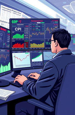 An illustration of a professional trader analyzing key economic indicators for trading, featuring a large screen showing various graphs and charts related to GDP, unemployment rates, CPI, and interest rates
