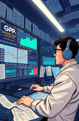 An illustration of a professional trader analyzing key economic indicators for trading, featuring a large screen showing various graphs and charts related to GDP, unemployment rates, CPI, and interest rates