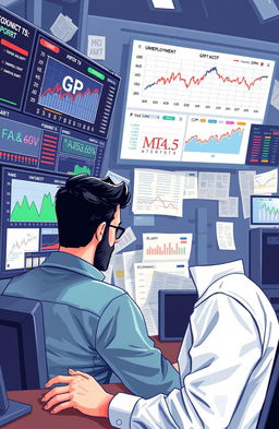An illustration of a professional trader analyzing key economic indicators for trading, featuring a large screen showing various graphs and charts related to GDP, unemployment rates, CPI, and interest rates