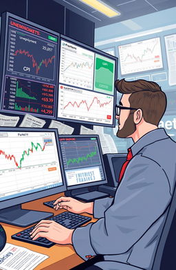 An illustration of a professional trader analyzing key economic indicators for trading, featuring a large screen showing various graphs and charts related to GDP, unemployment rates, CPI, and interest rates