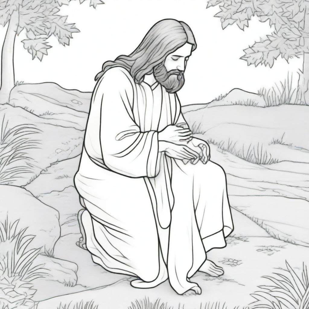 A contemplative colouring book page depicting Jesus in a moment of prayer, humbly kneeling on the ground.